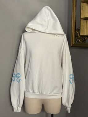 Edikted XS White and Light Blue Bonney Bow Detail Hoodie